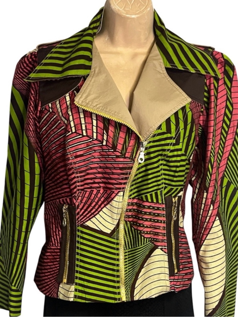VH___Mode Vanessa Harrison Artsy Chic Moto Jacket Gold Zip Buttons M-L see below